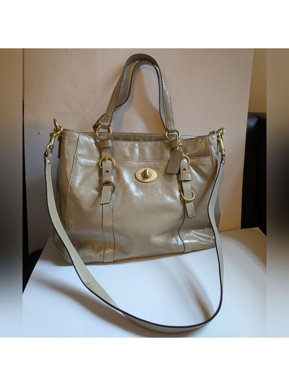 Coach Chelsea Taupe Grey Patent Leather Large Tote Satchel Shoulder Bag F14022